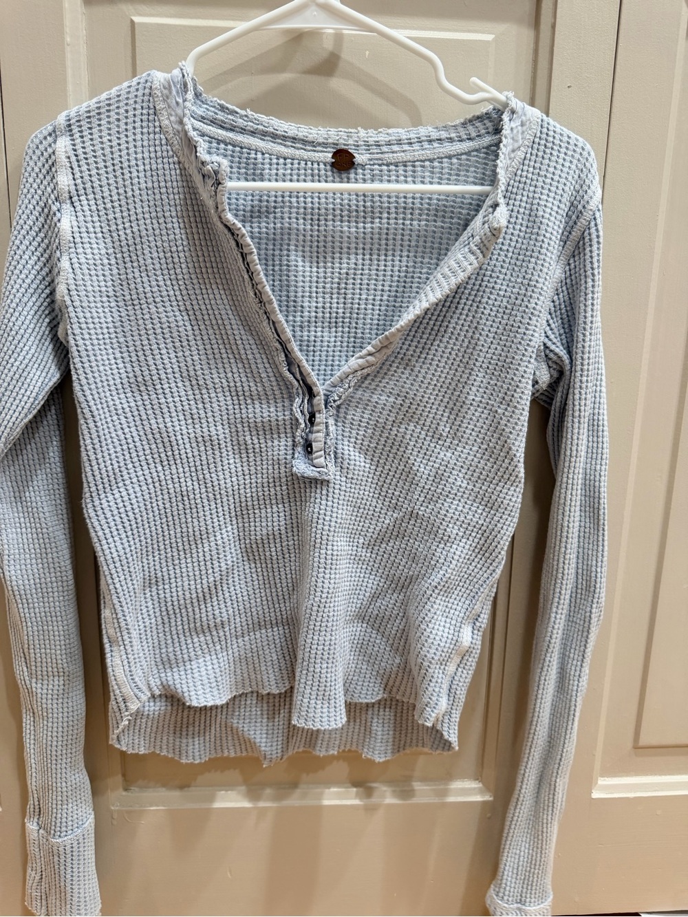 Free People Light Blue Waffle Knit Henley Long Sleeve Top